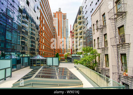 View from, The High Line Park in Manhattan (Hudson Yards). The High Line linear park built on the elevated train tracks above 10th Ave in New York Cit