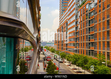 View from, The High Line Park in Manhattan (Hudson Yards). The High Line linear park built on the elevated train tracks above 10th Ave in New York Cit