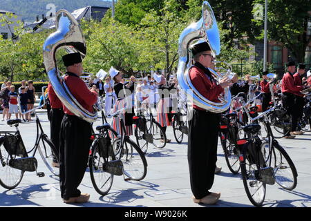 Bicycle Showband Crescendo during a public performance on Festplassen in Bergen city, Norway, during the summer. Stock Photo