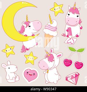 Set of cute unicorns in kawaii style. Unicorn on crescent, with pencil, in a rabbit costume, diamond, toy, ice cream. EPS8 Stock Vector