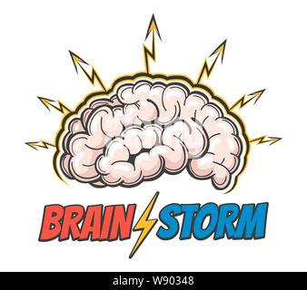 Hand Drawn Emblem of Human brain with lightnings and wording Barin Storm. Good idea, brain activity, insight. Vector illustration Stock Vector