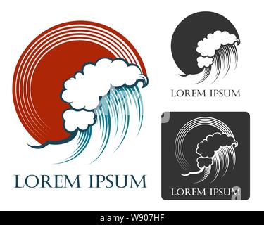 Wave Emblem set in Engraving style isolated on white background. Vector illustration Stock Vector