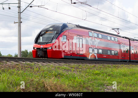 04-08-2019, Vidnoe, Russia. Modern red double-decker train express airport passenger delivery, aeroexpress, electric environmental high-speed public t Stock Photo