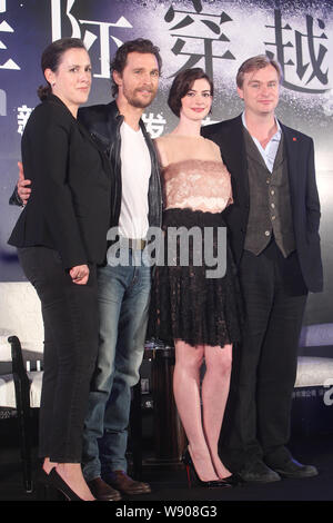 (From left) British film producer Emma Thommas, American actor Matthew McConaughey, actress Anne Hathaway and British film director Christopher Nolan Stock Photo