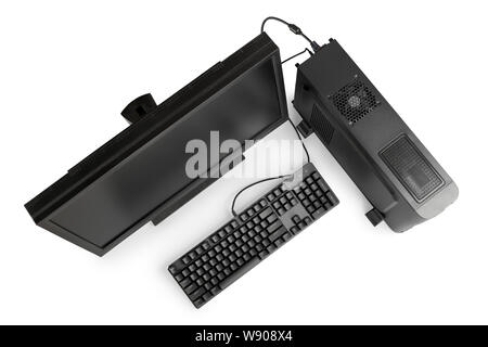 Black desktop computer with monitor and keyboard top view. Isolated on white, clipping path included Stock Photo