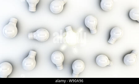 Top view of light bulbs on a white background and one of the light bulbs illuminated. Concept idea, difference, innovation. 3D rendering Stock Photo