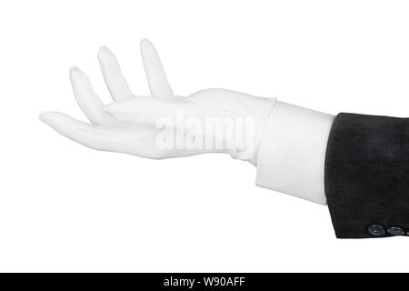 Close up of open man hand in black suit and white glove holding, supporting or offering something. Isolated on white background with clipping path Stock Photo