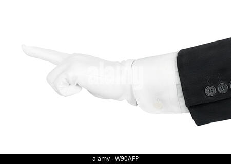 Man hand in black suit and white gloves pointing finger. Isolated on white, clipping path included Stock Photo
