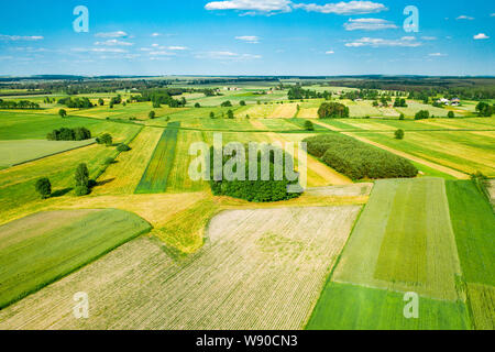 Green fields and trees of Polish countryside stretch to the horizon under white clouds and blue sky Stock Photo