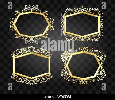 Ornate glowing borders. Old fashion decorative floral abstract classical frames with magic sparkles isolated on transparent bbackground. Vector illust Stock Vector