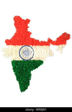 Indian map made of rice and representing Indian Flag Stock Photo