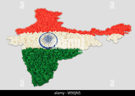 Indian map made of rice and representing Indian Flag Stock Photo