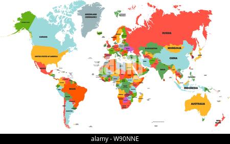 Colorful Hi detailed Vector world map complete with all countries names - Vector illustration Stock Vector