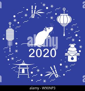 Happy new year. Vector illustration with 2020 year numbers, rat, lanterns, bell, mochi, bamboo, orange. Rat zodiac sign, symbol of 2020 on the Chinese Stock Vector