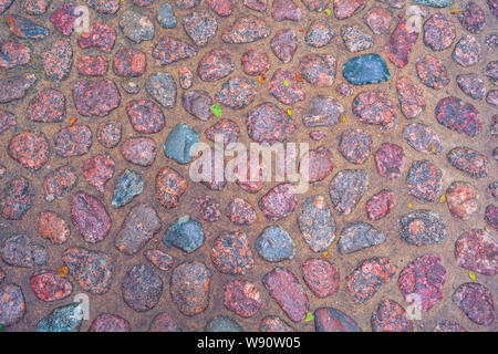 Stone background of pavement with rough wet granite boulders. Texture of historic medieval cobble paving is laid on the city street Stock Photo