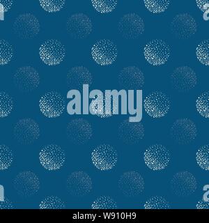 Abstract white dotted circles geometric design. Seamless vector pattern on blue background with transparent elements. Great for wellbeing, spa Stock Vector