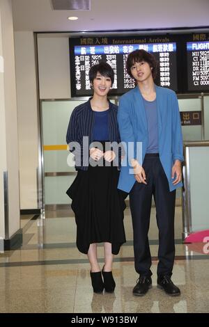 Japanese actress Ayame Goriki left and actor Kento Yamazaki pose