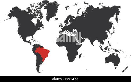 The map of Brazil is highlighted in red on the world map - Vector illustration Stock Vector