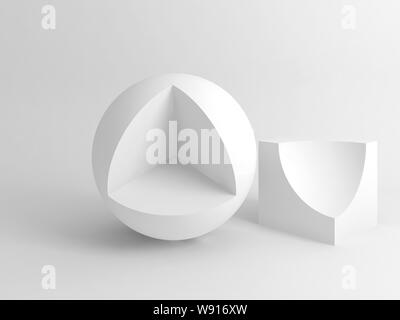 Abstract digital white still life installation with sliced cube and sphere. Subtract Boolean operation illustration. 3d rendering illustration