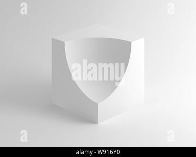 Abstract digital minimal still life installation, white cube with spherical cut sector over soft shaded background. 3d rendering illustration