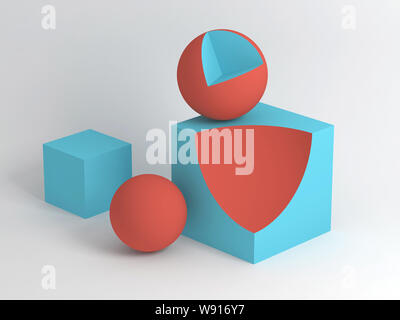 Abstract digital still life installation with red blue geometric shapes over white soft shaded background. Subtract Boolean operation illustration. 3d