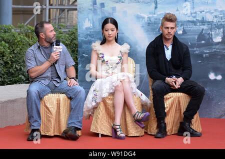 (From left) American director Nick Powell, Chinese actress Liu Yifei and Canadian actor Hayden Christensen attend a press conference for their new mov Stock Photo