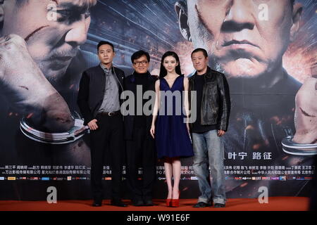 (From left) Chinese actor Liu Ye, Hong Kong kungfu superstar Jackie Chan, Chinese actress Jing Tian and director Ding Sheng pose at a press conference Stock Photo