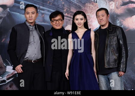 (From left) Chinese actor Liu Ye, Hong Kong kungfu superstar Jackie Chan, Chinese actress Jing Tian and director Ding Sheng pose at a press conference Stock Photo