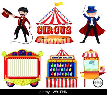 Circus theme objects with magician, tent, cage, games and food stall illustration Stock Vector