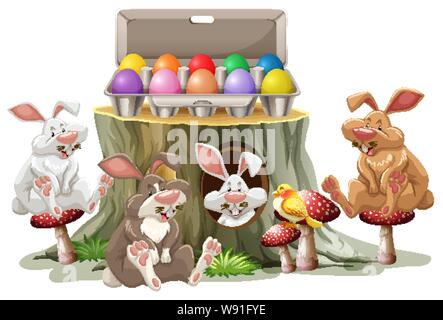 Bunny easter and colorful eggs on white background illustration Stock Vector