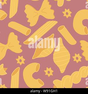 Vector seamless pattern of different tipes of pasta on pink background Stock Vector