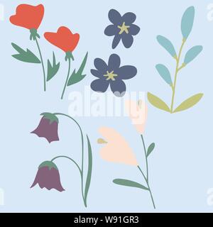 Vector illustration of dafferent flowers in simple style on pastel blue background Stock Vector