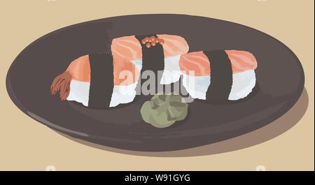 Vector illustration of sushi with with tuna, salmon, shrimp and wasabi on dark plate Stock Vector