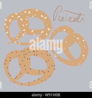 Vector illustration. Set of tree pretzels with sesame, salt and poppy seeds on pastel blue background Stock Vector