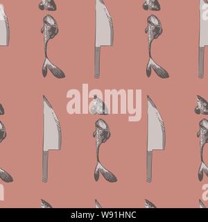 Vector seamless pattern of knife and sliced fish on pink background Stock Vector