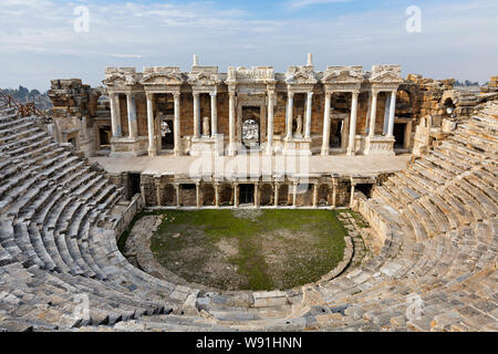 Roman amphitheater in the ruins of Hierapolis, in Pamukkale, Turkey. Stock Photo
