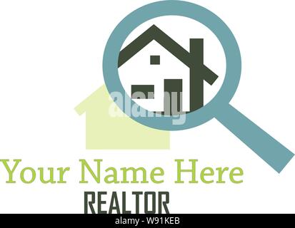 Graphic house shape viewed under a magnifying glass with the words "Your Name Here" and realtor underneath. Logo concept Stock Vector