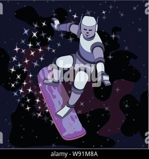Robot teen snowboarder with stars trailing along the edge of the board & stars & planets in a dark background Stock Vector