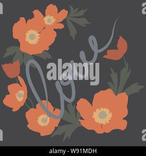 Vector illustration of a wreath of red poppies on dark blue background and lettering in handwritten style Stock Vector