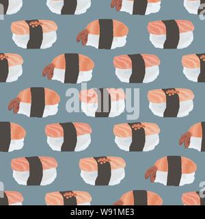 Vector seamless pattern of sushi with with tuna, salmon, shrimp Stock Vector