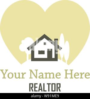 Heart shaped smoke rises from the chimney of a house on a hill surrounded by landscaped trees. Good for a logo or business card for construction or re Stock Vector