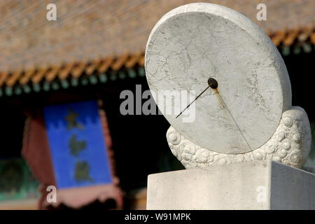 The stone sundial in front of the Hall of Supreme Harmony is pictured in the Forbidden City in Beijing, China. Stock Photo