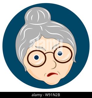Flat icon, evil emotion. Grandma, the face is angry . Emotions of an old woman. Blue circle. Vector Stock Vector