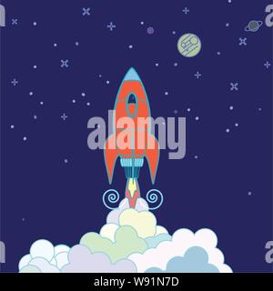 Rocket launching into space above a plum of colored smoke with the moon, mars and stars in behind Stock Vector