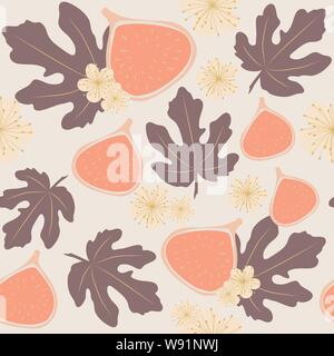 Seamless vector pattern of figs, leaves and flowers in pastel colors Stock Vector