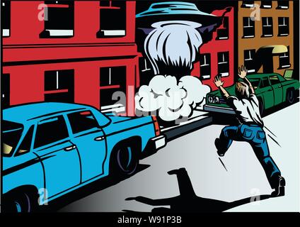 Man running across a street trying to stop a spaceship taking off from a building smoke pumming out behide 2 parked vintage cars Stock Vector
