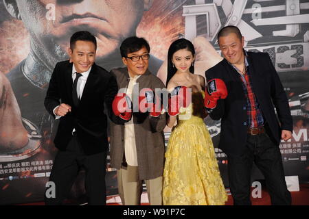 (From left) Chinese actor Liu Ye, Hong Kong actor Jackie Chan, Chinese actress Jing Tian and director Ding Sheng pose at a premiere for their new movi Stock Photo