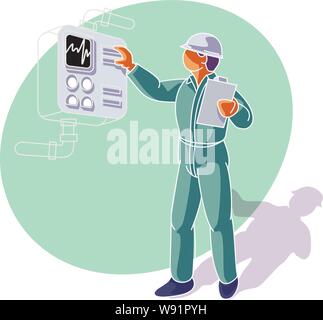 A factory/installation worker/technician checks a gauge on an instrument panel in a factory Stock Vector