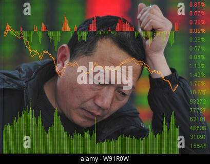 This composite image shows a Chinese investor looking at prices of shares at a stock brokerage house in Fuyang city, east Chinas Anhui province, 19 Fe Stock Photo