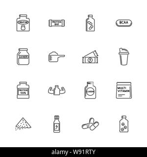 Sport Supplements, Bodybuilding Nutrition icons - Black symbol on white background. Simple illustration. Flat Vector Icon. Mirror Reflection. Can be u Stock Vector